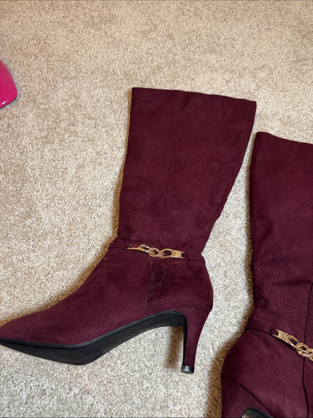 Karen Scott Burgundy Suede Mid-Calf Heeled Boots with Gold Accent